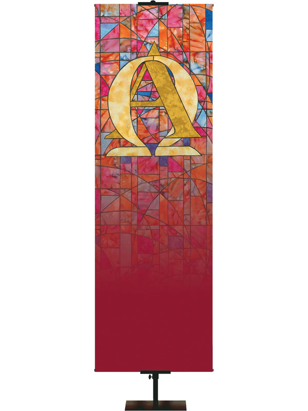 Custom Banner Stained Glass Symbols of Faith Alpha & Omega