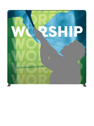 Custom Church 8 ft. Tube Display Backdrop Set Community of Faith featuring worshiper with arms outstretched toward heaven. Customize with images of members of your community.