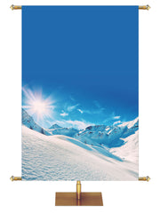 Custom Church Banner background color photograph of bright shining sun on snow-covered mountains and slopes