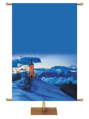 Custom Church Banner background with small white church building on a snow-covered hilltop in the mountains at sunset
