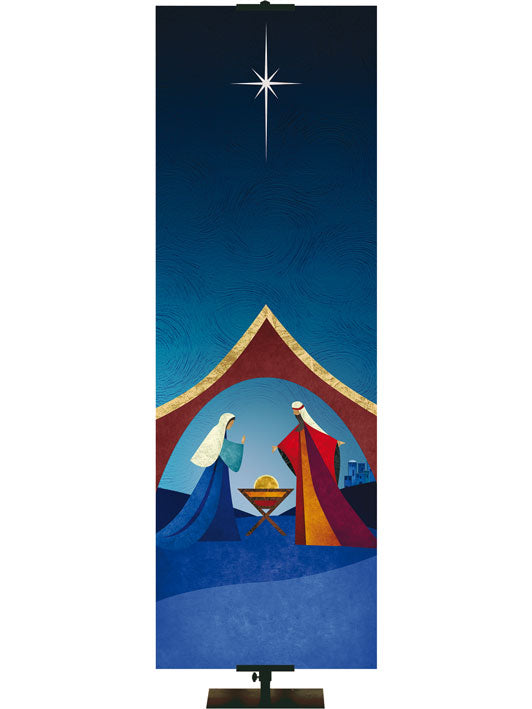 Custom Banner Background Scenes of Christmas Silhouette of the Manger scene (Right) in blue, gold and orange.
