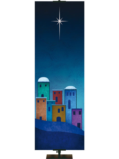 Custom Banner Background Scenes of Christmas Silhouette of Bethlehem (Left) in blues and golds.