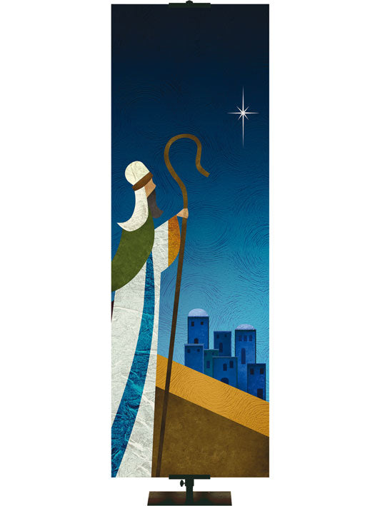 Custom Banner Background Scenes of Christmas Shepherd and town of Bethlehem (Left) in subtle gold and blues with the new star.