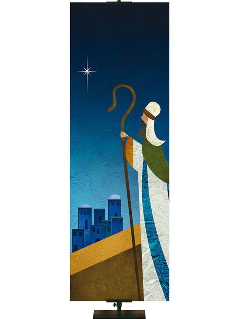 Custom Banner Background Scenes of Christmas Shepherd and town of Bethlehem (Right) lighted by the new star in blues and muted golds.