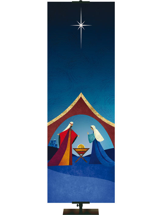 Custom Banner Background Scenes of Christmas Silhouette of the Manger scene (Left) in blue, gold and orange.