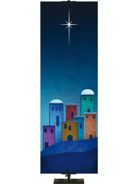 Custom Banner Background Scenes of Christmas Silhouette of the town of Bethlehem (Right) in blues and golds.