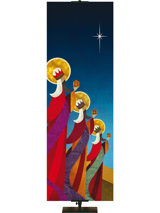 Custom Banner Background Scenes of Christmas Image of the three Wise Men (Left) in blue, red and purple.