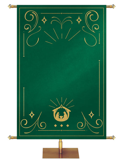 Custom Banner Background Shimmering Christmas in Green with (Right) Manger scene bottom center and  border of gold accents