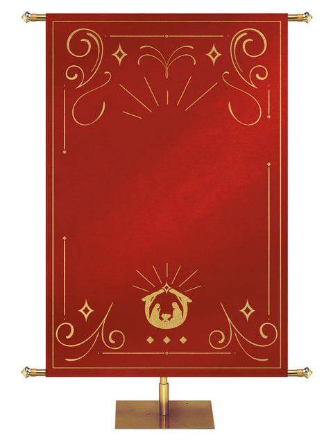 Custom Banner Background Shimmering Christmas in Red with (Right) Manger scene bottom center and  border of gold accents