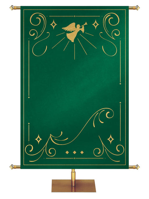 Custom Banner Background Shimmering Christmas in Green with right-facing Angel top center with border of gold accents
