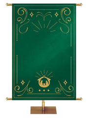 Custom Banner Background Shimmering Christmas in Green with (Left) Manger scene bottom center and border of gold accents