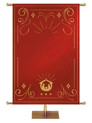 Custom Banner Background Shimmering Christmas in Red with (Left) Manger scene bottom center and border of gold accents