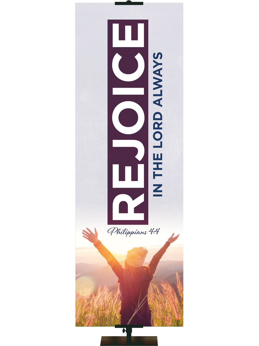 Rejoice In The Lord Always. Philippians 4:4 Church Banner with joyful arms reaching up from highland field
