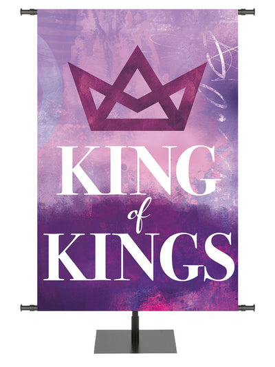 Church Banner King of Kings with Stylized Geometric Crown Symbol on watercolor impression design in Blue, Red or Purple