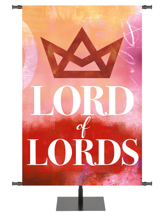Church Banner Lord of Lords with Stylized Geometric Crown Symbol on watercolor impression design in Blue, Red or Purple