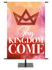 Church Banner Thy Kingdom Come with Stylized Geometric Crown Symbol on watercolor impression design in Blue, Red or Purple