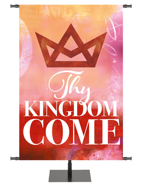 Church Banner Thy Kingdom Come with Stylized Geometric Crown Symbol on watercolor impression design in Blue, Red or Purple
