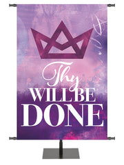Church Banner Thy Will Be Done with Stylized Geometric Crown Symbol on watercolor impression design in Blue, Red or Purple