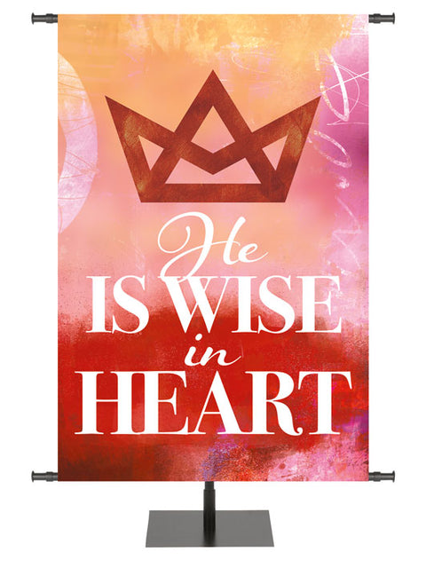 Church Banner He is Wise in Heart with Stylized Geometric Crown Symbol on watercolor impression design in Blue, Red or Purple