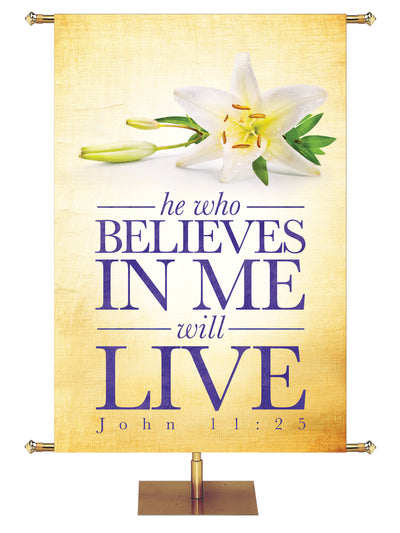 Easter Elegance He Who Believes Will Live - Easter Banners - PraiseBanners