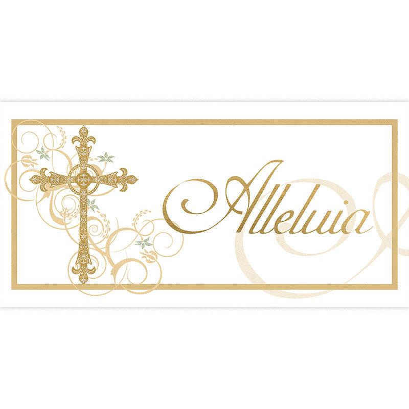 Easter Horizontal Banner Alleluia on White with Cross in the look of sparkling gold foil