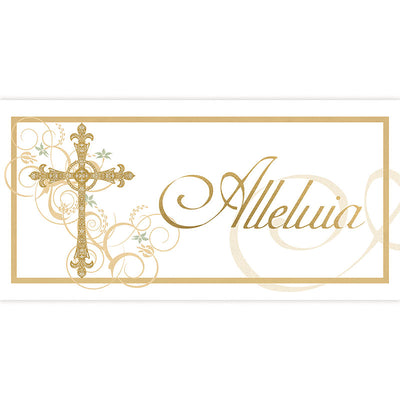Easter Horizontal Banner Alleluia on White with Cross in the look of sparkling gold foil