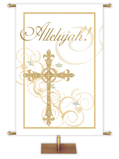 Alleluia Spanish Easter Banner with cross and gold accents in the look of sparkling foil on white