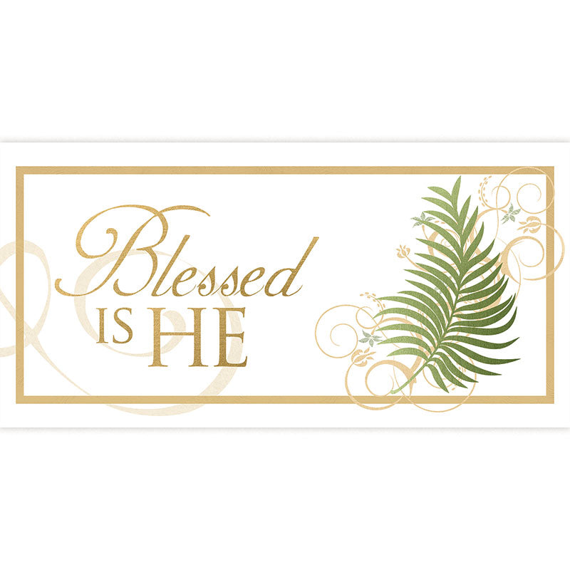 Easter Horizontal Banner Blessed is He on White with Palm in the look of sparkling gold foil
