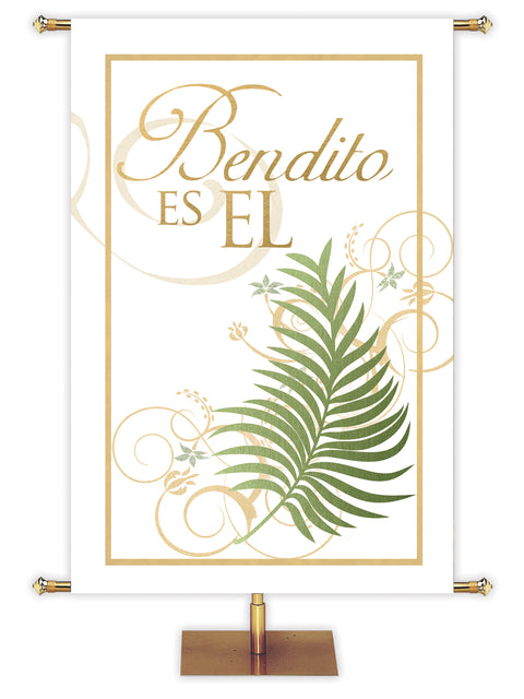 Blessed is He Spanish Easter Banner with palm and gold accents in the look of sparkling foil on white