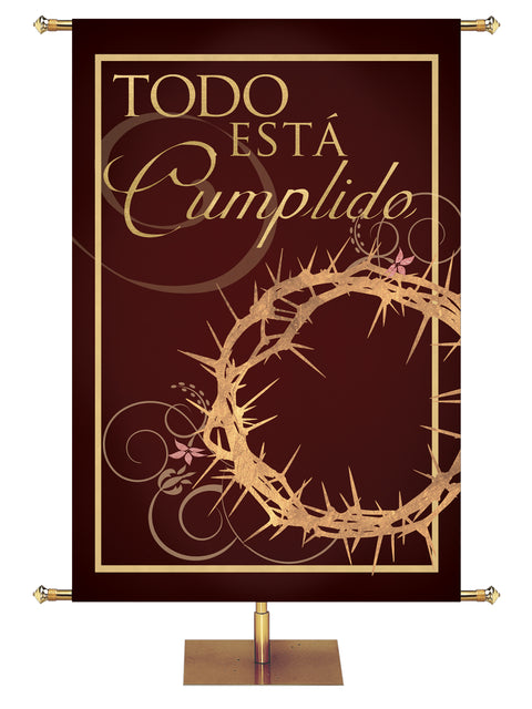 It is Finished Spanish Easter Banner with crown of thorns and gold accents in the look of sparkling foil on burgundy