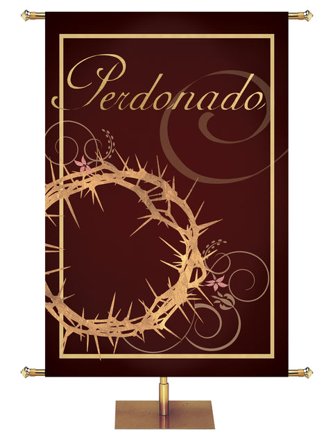 Forgiven Spanish Easter Banner with crown of thorns and gold accents in the look of sparkling foil on burgundy