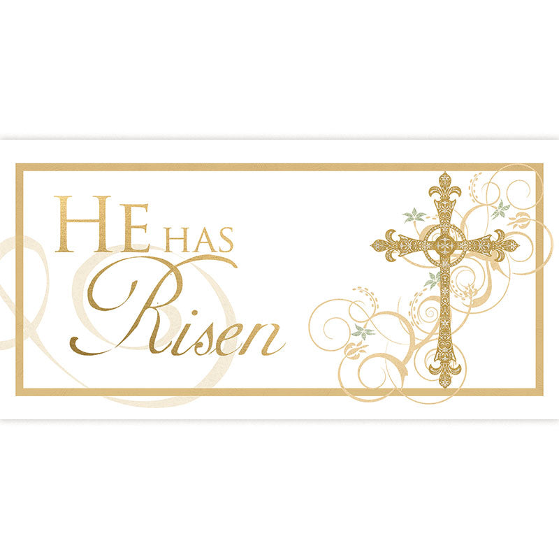 Easter Horizontal Banner He Has Risen On White with Cross in the look of sparkling gold foil