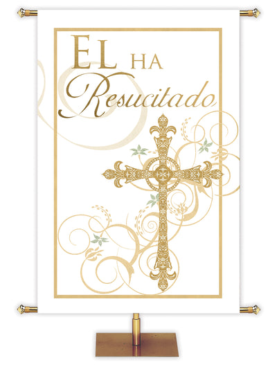 He Has Risen Spanish Easter Banner with cross and gold accents in the look of sparkling foil on white