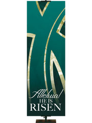 Church Banner for Easter Alleluia He Is Risen with Stylized Cross in Teal and Green Left