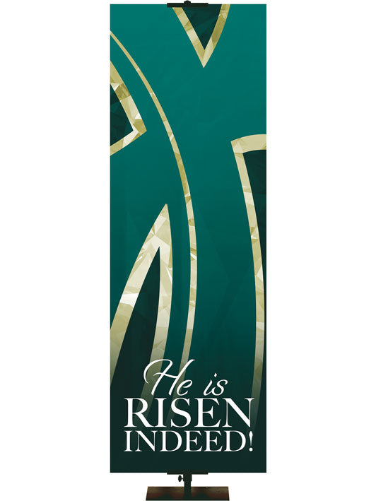 Church Banner for Easter He Is Risen Indeed with Stylized Cross in Teal and Green Right