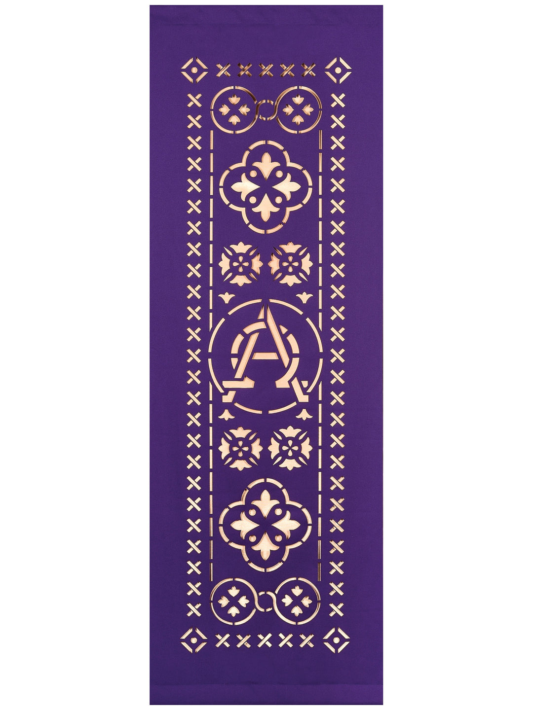 Ecclesiastical Banner sculpted with Alpha and Omega Symbol on Blue, Green, Purple, Red or White Fabric