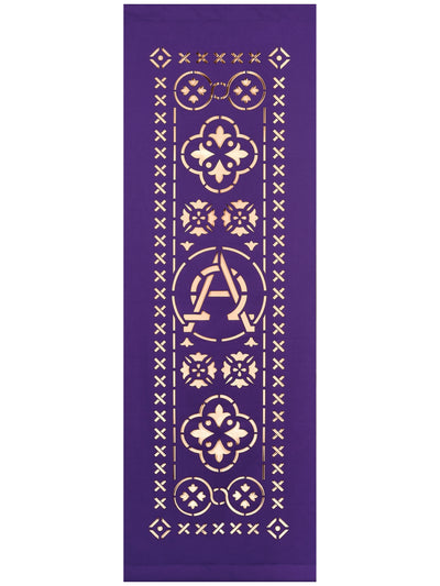 Ecclesiastical Banner sculpted with Alpha and Omega Symbol on Blue, Green, Purple, Red or White Fabric