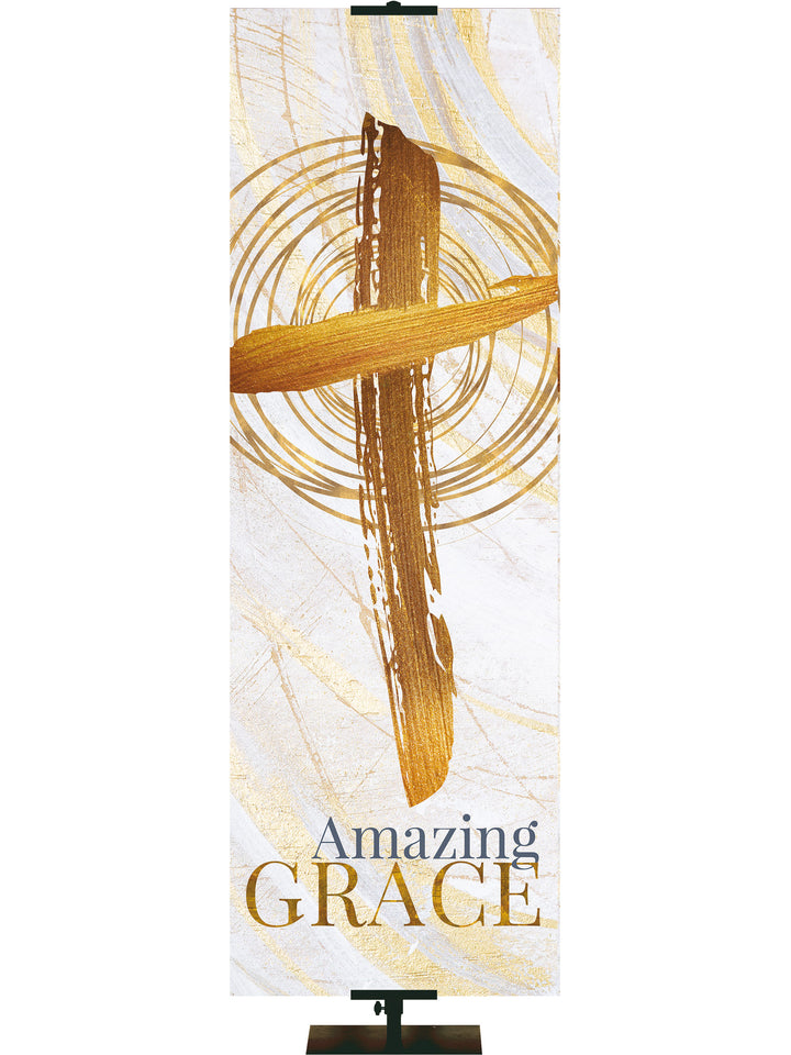 Easter Banner for Church Echoes of Easter Amazing Grace and Cross Symbol in golds and bronze on white in right side thin format