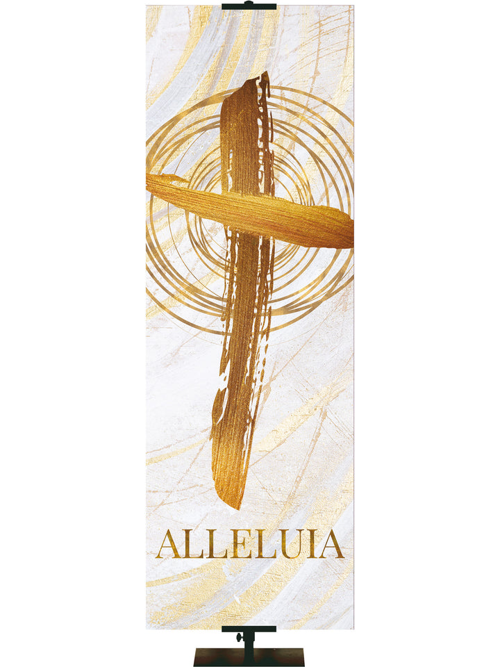 Easter Banner for Church Echoes of Easter with Alleluia and Cross Symbol in golds and bronze on white in left side thin format