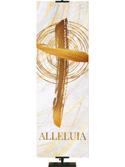Easter Banner for Church Echoes of Easter with Alleluia and Cross Symbol in golds and bronze on white in left side thin format