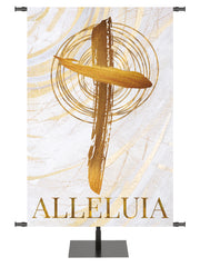 Easter Banner for Church Echoes of Easter with Alleluia and Cross Symbol in golds and bronze on white in left side wide format