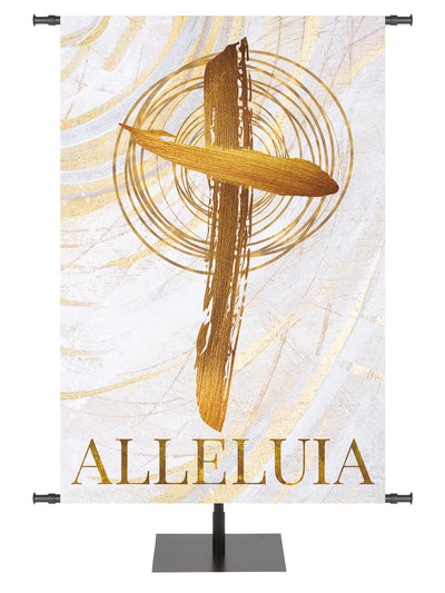 Easter Banner for Church Echoes of Easter with Alleluia and Cross Symbol in golds and bronze on white in left side wide format