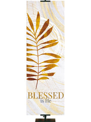 Easter Banner for Church Echoes of Easter Blessed is He Palm Leaf Symbol in golds and bronze on white in right side thin format
