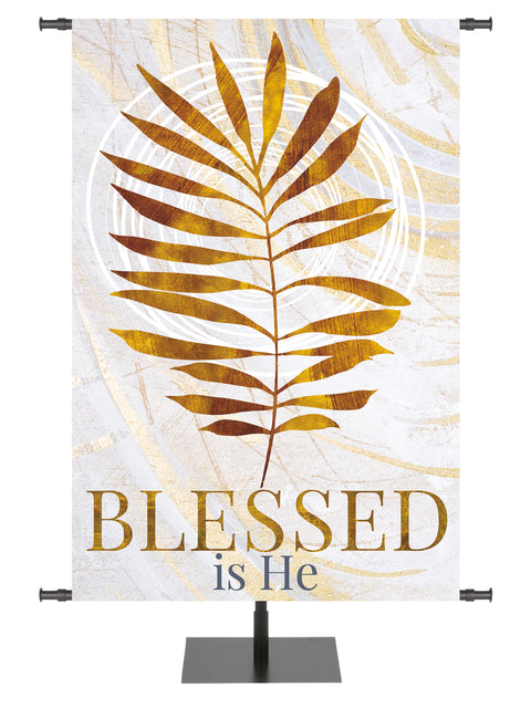 Easter Banner for Church Echoes of Easter Blessed is He Palm Leaf Symbol in golds and bronze on white in right side wide format