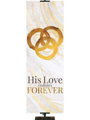 Easter Banner for Church Echoes of Easter His Love Endures Forever Trinity Symbol in gold and bronze on white right side thin format