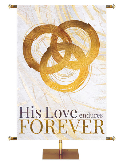 Easter Banner for Church Echoes of Easter His Love Endures Forever Trinity Symbol in gold and bronze on white right side wide format