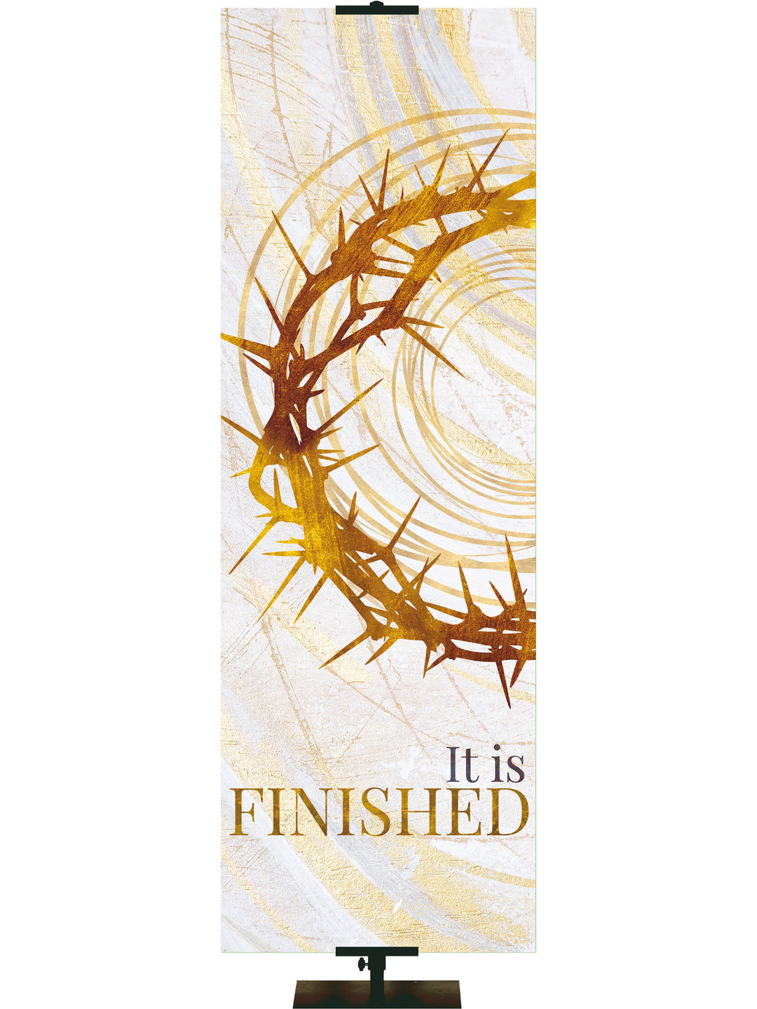 Banner for Church Echoes of Easter with It is Finished Crown of Thorns Symbol in golds and bronze on white in right side thin format