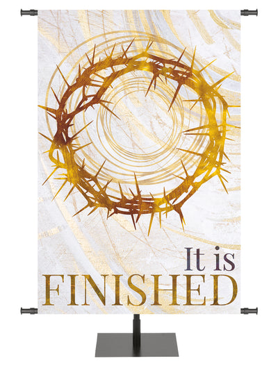 Banner for Church Echoes of Easter with It is Finished Crown of Thorns Symbol in golds and bronze on white in right side wide format