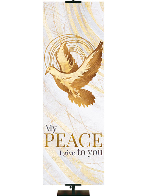 Easter Banner for Church Echoes of Easter My Peace I Give to You Dove Symbol in golds and bronze on white in right side thin format