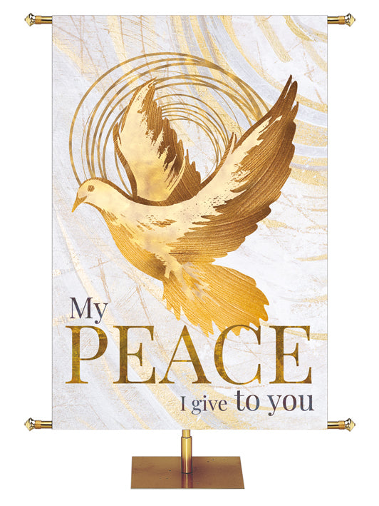 Easter Banner for Church Echoes of Easter My Peace I Give to You Dove Symbol in golds and bronze on white in right side wide format